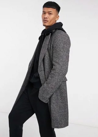 Серое меланжевое двубортное пальто из ткани с добавлением шерсти с воротником из искусственного меха ASOS DESIGN-Серый