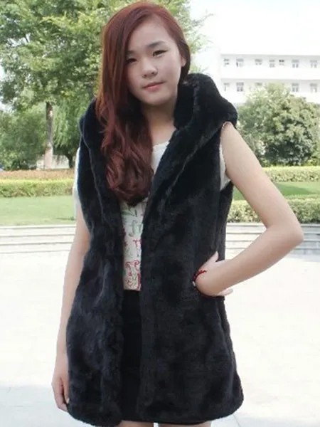 Milanoo Faux Fur Vest Black Hooded Sleeveless Women's Winter Coat