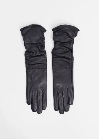 Черные длинные кожаные перчатки со сборками для сенсорных экранов ASOS DESIGN-Черный цвет