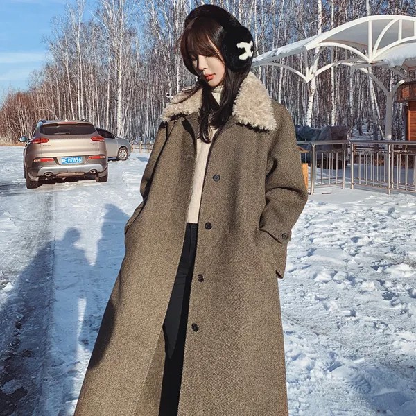 Женское шерстяное пальто, зимняя длинная куртка в стиле ретро из овечьей шерсти с воротником в елочку, Корейская утепленная модная накидка