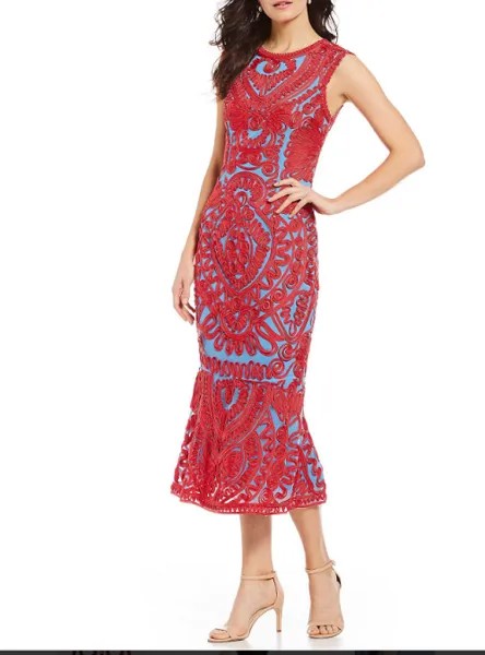 JS COLLECTIONS Красно-синее платье-труба миди из сутажной ленты и рифленой сетки 10