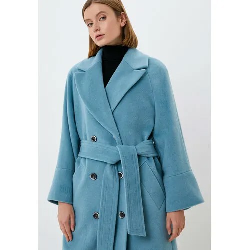 Пальто-халат  Azellricca демисезонное, демисезон/зима, шерсть, силуэт прямой, удлиненное, размер 52/54, голубой