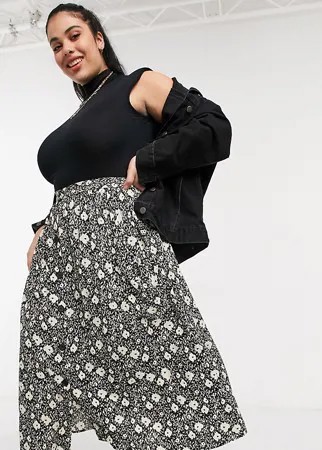 Юбка миди на пуговицах с цветочным принтом и глубоким карманом ASOS DESIGN Curve-Многоцветный