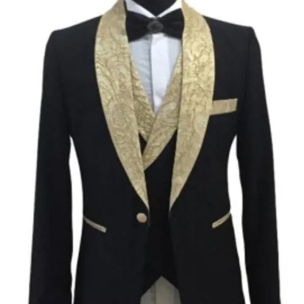 Мужской костюм для выпускного из трех предметов, золотистый цветочный смокинг с отворотом шалью, черного цвета, мужской модный костюм, курт...