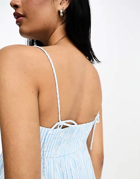 Хлопковый мини-сарафан в синюю полоску со складками и грудью ASOS DESIGN