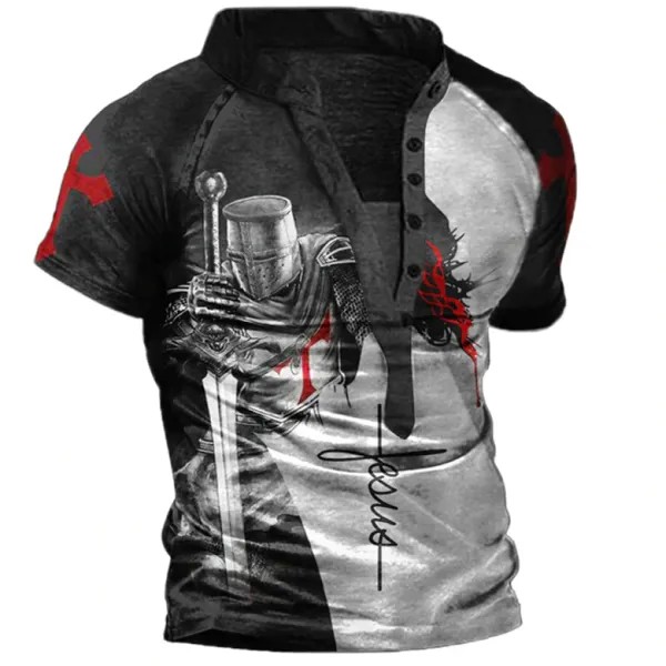 Мужская футболка Henley с винтажным принтом Templar Jesus Cross