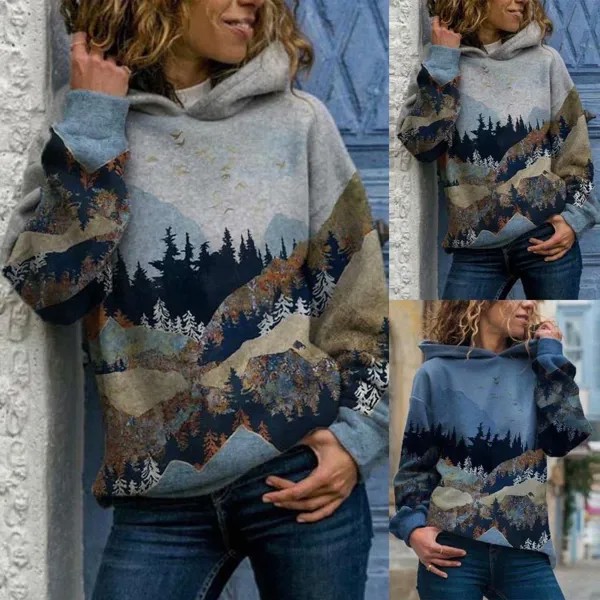 Женщины плюс размер горы Печатные Pullover длинный рукав Sweatshirt Рубашки Топы