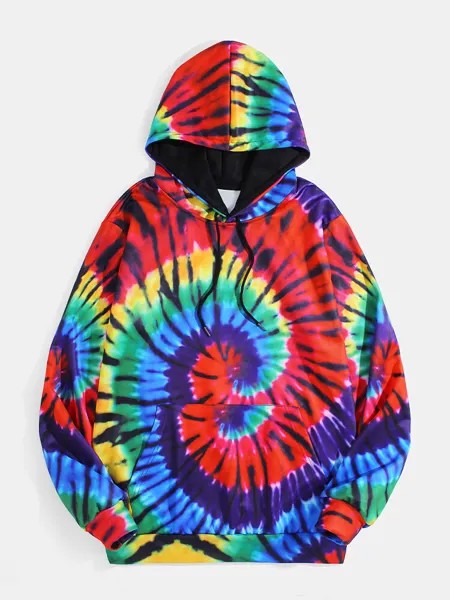 Мужской Colorful Swirl Tie-Dye Print Стильный повседневный пуловер Толстовка с капюшоном