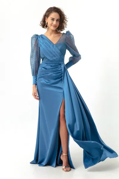 Женское длинное атласное вечернее платье цвета индиго с двубортным воротником и блестками Lafaba, темно-синий