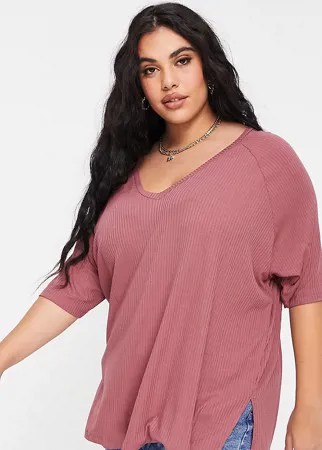 Бордовый oversized-топ в рубчик с V-образным вырезом ASOS DESIGN Curve-Красный