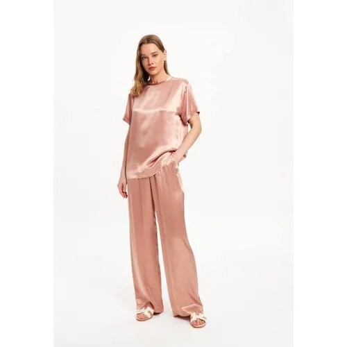 Костюм LUISA WANG, блуза и брюки, восточный стиль, прямой силуэт, пояс на резинке, размер L, бежевый, розовый
