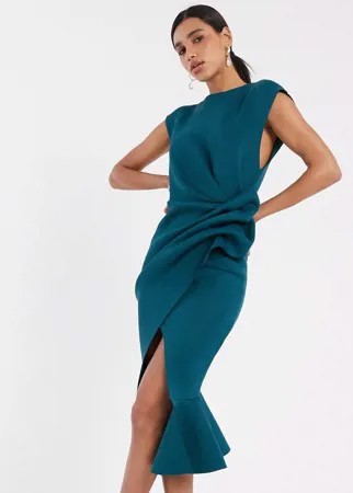 Сине-зеленое платье-футляр миди с оборкой на подоле ASOS DESIGN-Зеленый