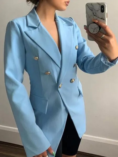 Milanoo Blazer For Women Blue Designed Neckline Buttons Long Sleeves Layered Polyester Blazer Jacket