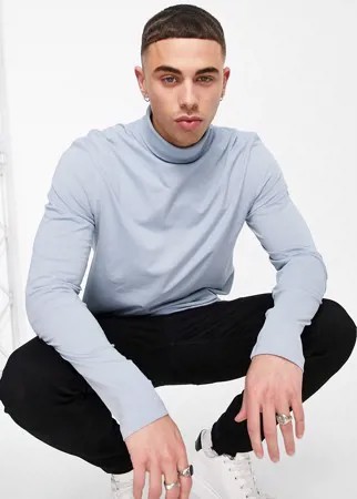 Синий лонгслив с отворачивающимся воротом ASOS DESIGN-Голубой