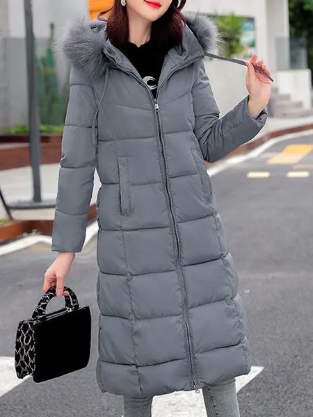Milanoo Puffer Coats For Women Red Long Faux Fur Hooded Zipper Long Sleeves Geometric Casual Thicken