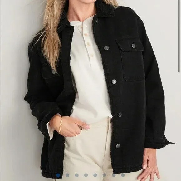 Куртка из джинсовой ткани Old Navy Black, на подкладке из шерпы, размер L, высокая