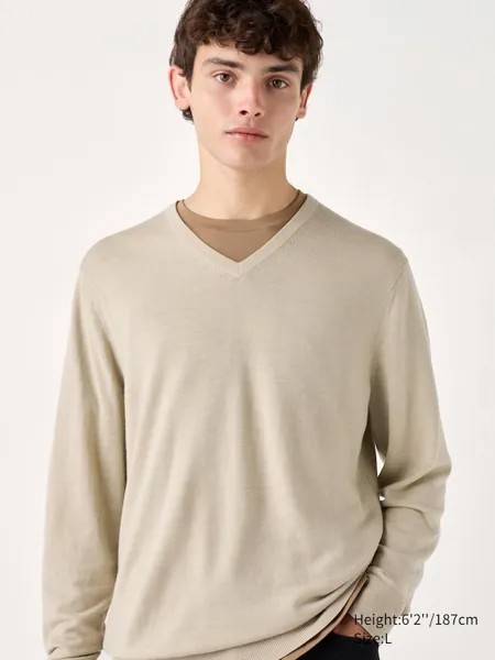 Джемпер из мериноса с v образным вырезом Uniqlo, хаки
