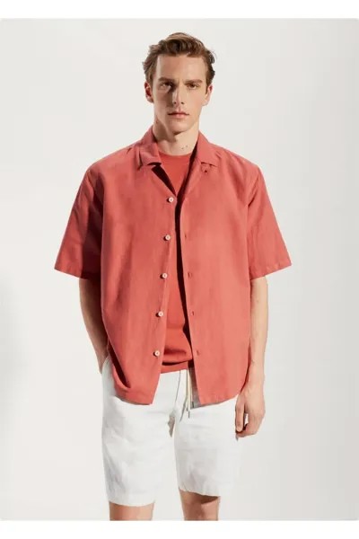 Хлопково-льняная рубашка с воротником для боулинга Mango, красный
