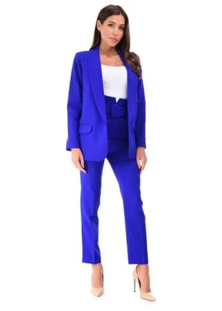 Женский классический костюм двойка, укороченные брюки с завышенной талией, удлиненный прямой пиджак оверсайз oversize, синий электрик цвет, размер 44