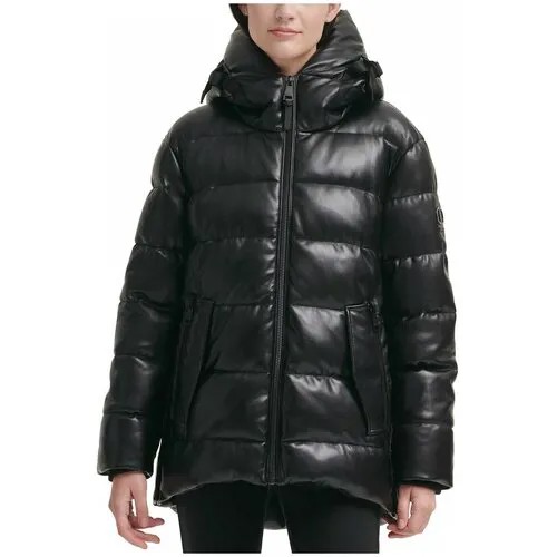 Куртка DKNY M черная под кожу с капюшоном, сзади удлинена Women's Faux-Leather Hooded Puffer Coat