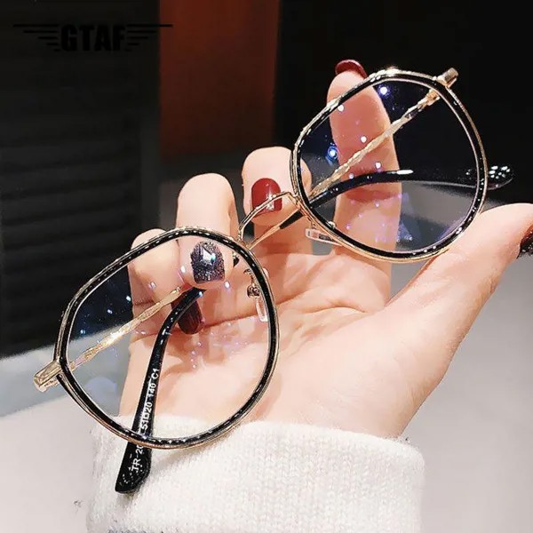 -1.0 ~ -6.0 Мужская женская мода Анти синий свет Круглый свет Близорукие очки Oversize Metal Frame Прозрачные очки для чтения