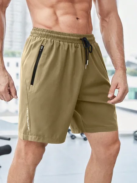 Мужские спортивные шорты SHEIN для фитнеса с буквенным принтом и шнурком на талии, хаки