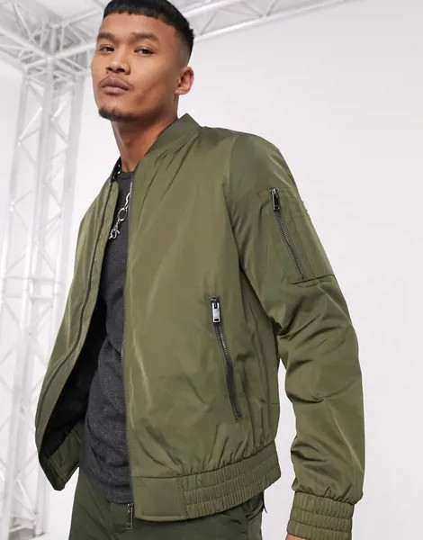 Бомбер цвета хаки Bershka-Зеленый
