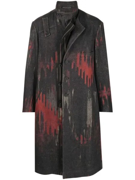 Yohji Yamamoto пальто асимметричного кроя с абстрактным узором, серый