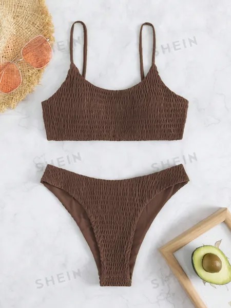 Купальник Shein Swim Basics с вырезом на шее и тонкими бретелями, кофейный