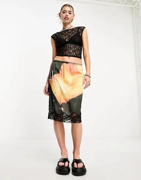 Разноцветная юбка-комбинация миди COLLUSION с абстрактным принтом, мульти