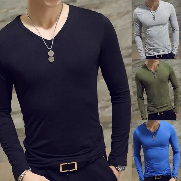Модные мужчины Slim Fit футболка с длинным рукавом топы пуловер V-образный вырез Блузка Повседневная мода Новинка