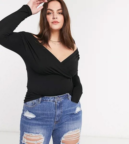 Эксклюзивный черный топ с запахом и вырезом ASOS DESIGN Curve