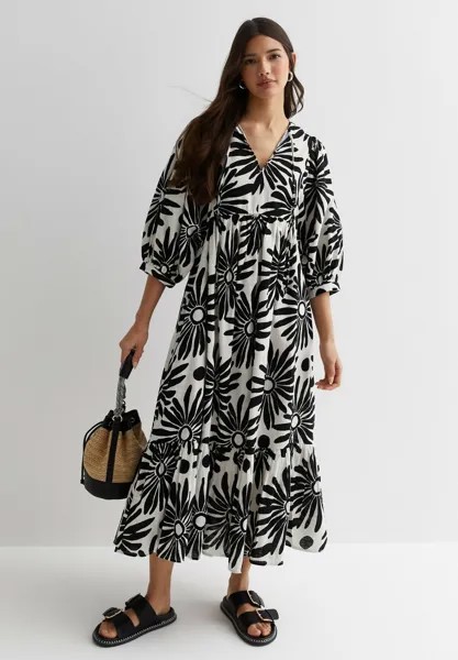 Длинное платье Graphic Flower V Neck Tiered Midi Smock New Look, кремово-белый
