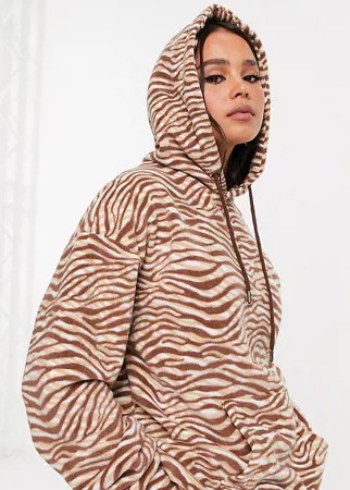Oversized-худи свободного кроя из флиса с зебровым принтом шоколадного цвета Native Youth-Коричневый цвет
