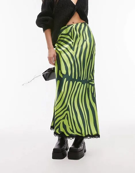 Салатовая атласная юбка миди с зебровым принтом Topshop и черной кружевной отделкой