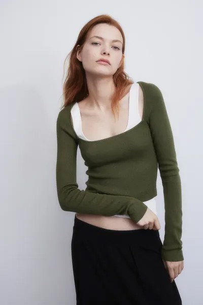 Короткая блузка с квадратным вырезом H&M, зеленый
