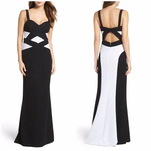 XSCAPE Черно-белое эластичное трикотажное платье с перекрещивающимися вырезами и фактурным мерцанием 2 XS
