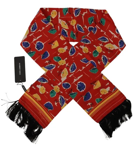 DOLCE - GABBANA Шарф Шелковый разноцветный платок с принтом зонтиков DG и бахромой 140смX14см