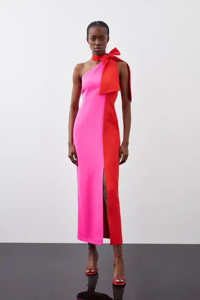Мягкое приталенное платье миди с цветными блоками и завязками на шее Karen Millen, розовый
