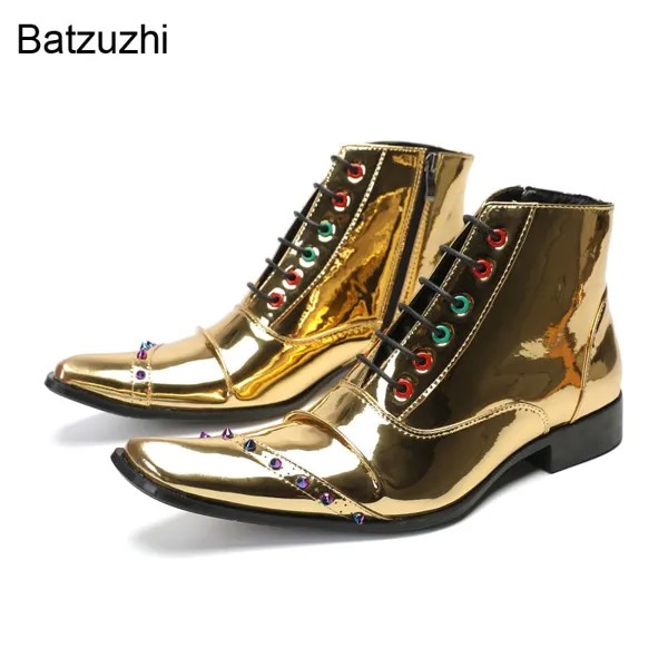 Мужские ботинки Batzuzhi, новые золотистые кожаные ботильоны ручной работы в стиле рок, мужские ботинки на молнии с пряжкой и ремешком для вечерние НКИ/свадьбы!