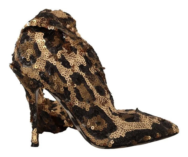 DOLCE - GABBANA Обувь Сапоги Золотые леопардовые туфли на каблуке с пайетками EU39,5 / US9 1400 долларов США