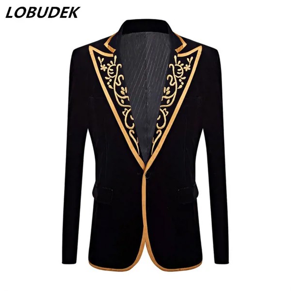 Свадебный приталенный пиджак в европейском стиле, черный бархатный пиджак с золотой вышивкой, для выступлений