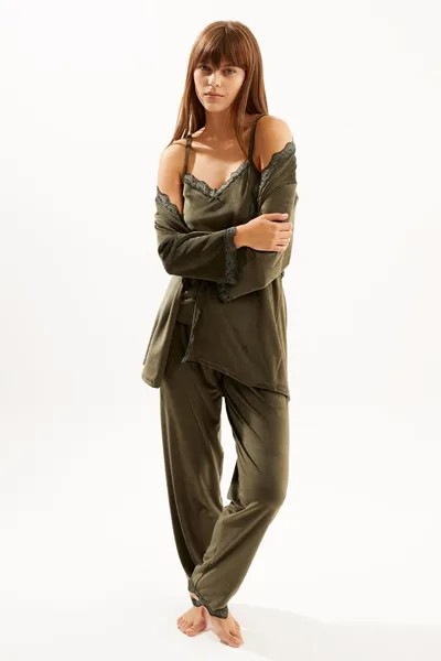 Женские брюки цвета хаки из мягкого бархата с рукавами три четверти на веревке на подтяжках, пижамный комплект из трех предметов ECROU