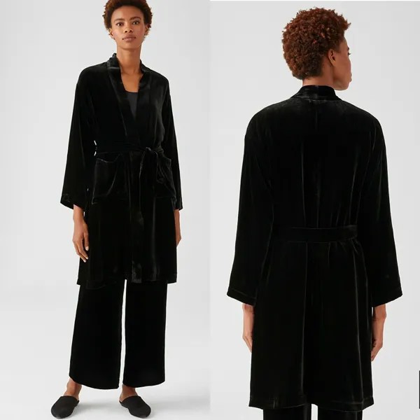 EILEEN FISHER Черная бархатная длинная куртка с высоким воротником и поясом и открытой передней частью SM