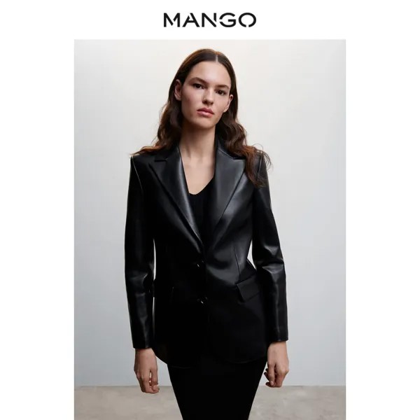 Женская куртка MANGO, весна-лето 2023, новая модная куртка с лацканами и v-образным вырезом, длинными рукавами и эффектом кожи, черный