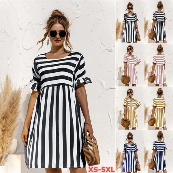 2021 Летняя женская мода O-образный вырез с короткими рукавами платье casual Loose Твердый цвет Flouncing Patchwork Stripe Beach Платье S-5XL