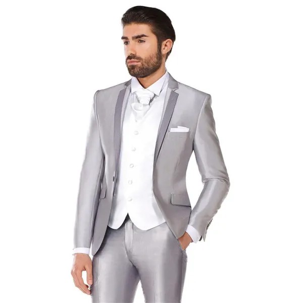 Блестящие серебряные мужские костюмы, новейший дизайн с вырезом на лацкане, индивидуальный пошив, одна пуговица, Модный свадебный блейзер для жениха, 2 предмета, приталенный силуэт
