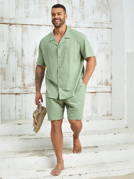 Мужской комплект из рубашки и шорт с короткими рукавами и тканым воротником в стиле пэчворк Manfinity RSRT больших размеров, мятно-зеленый