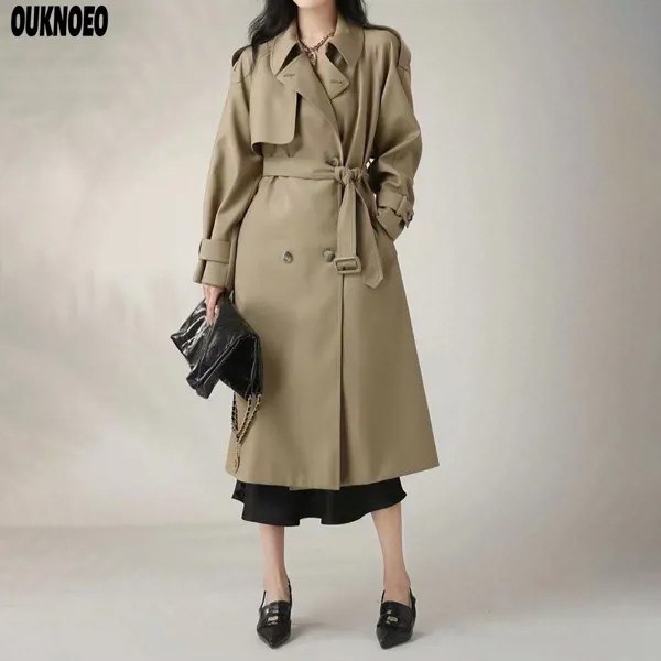 Модный женский длинный тренчкот, французская элегантная Корейская Повседневная Свободная куртка с поясом, весна 2023, тонкий облегающий женский костюм хаки, ветровка