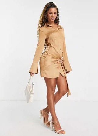 Золотистое атласное платье-рубашка мини с завязкой сбоку ASOS DESIGN-Золотистый
